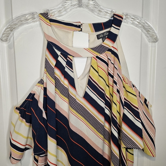 Lily Rose Blue Pink Butter Yellow Striped Cold Shoulder Keyhole 70s Dress Size L - Picture 2 of 11